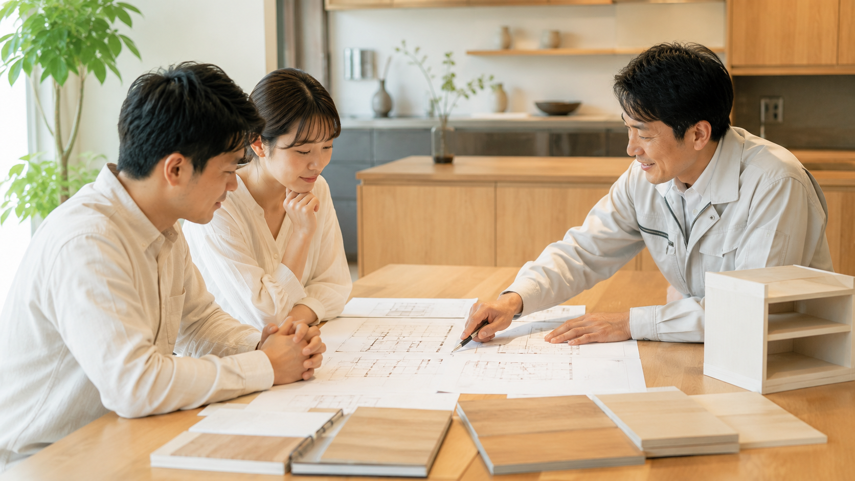 新築の収納家具についてこれから家を建てる方と工務店・ハウスメーカーが相談する様子